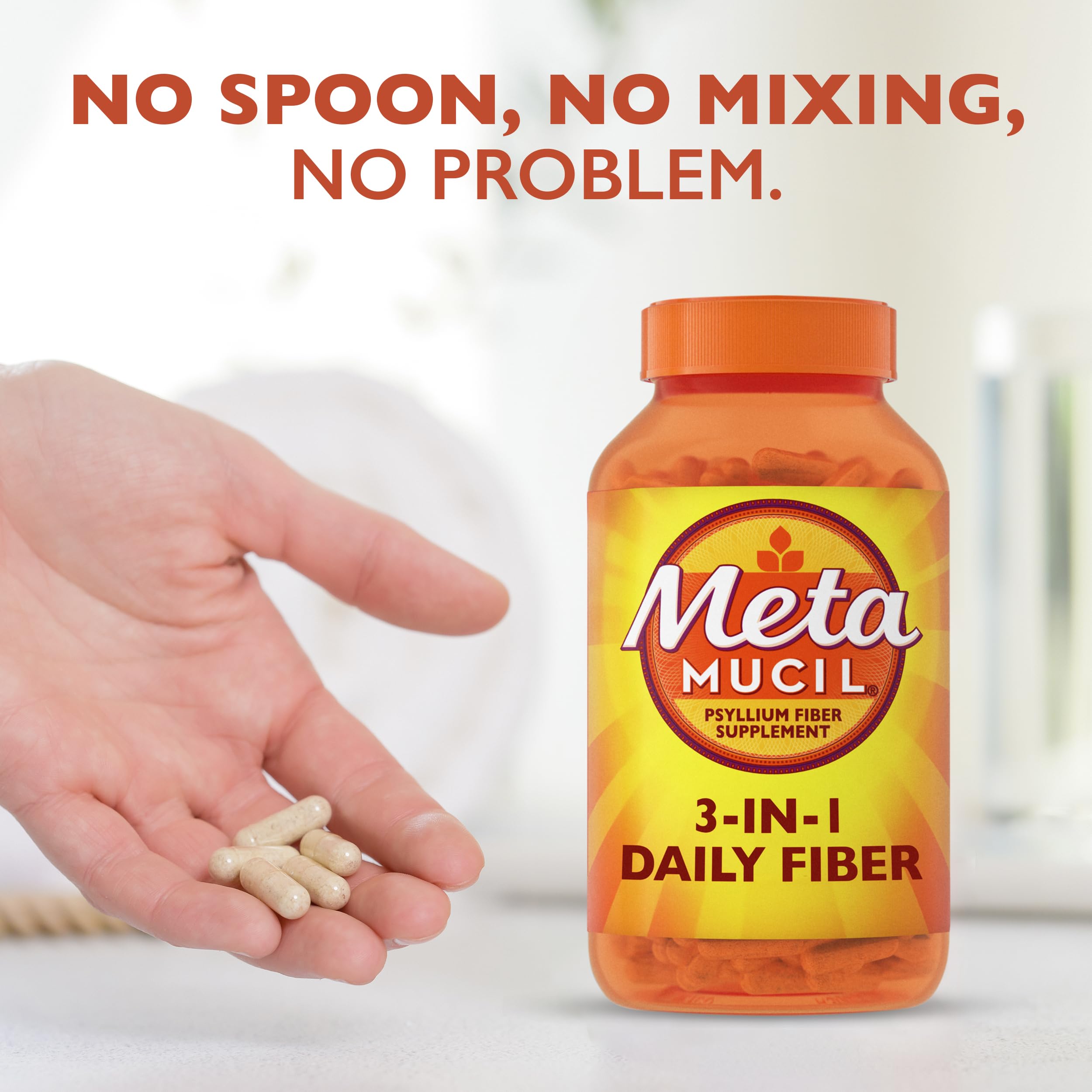 Metamucil bottle label showcases no added sweeteners or flavors for a clean option.