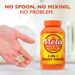 Metamucil bottle label showcases no added sweeteners or flavors for a clean option.