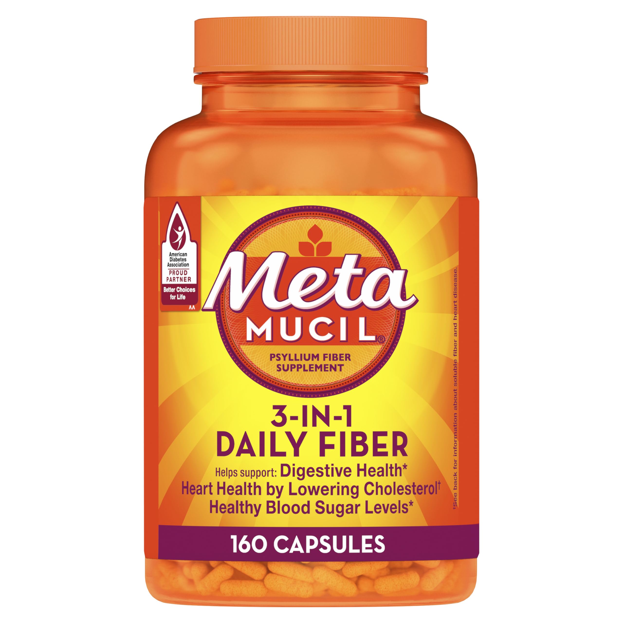 Metamucil capsules bottle front view for daily fiber support.