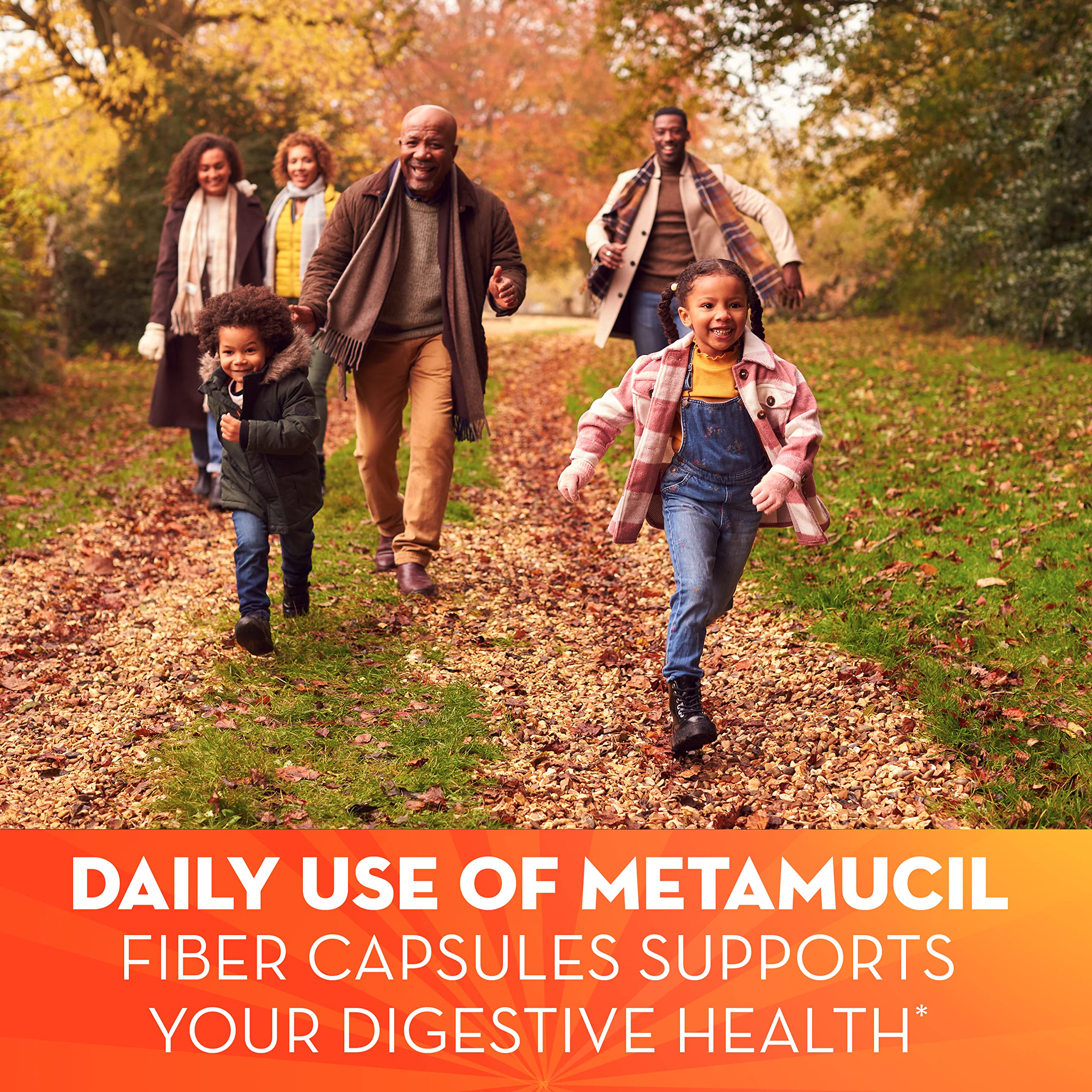 Metamucil capsules bottle label detail emphasizing psyllium husk fiber.