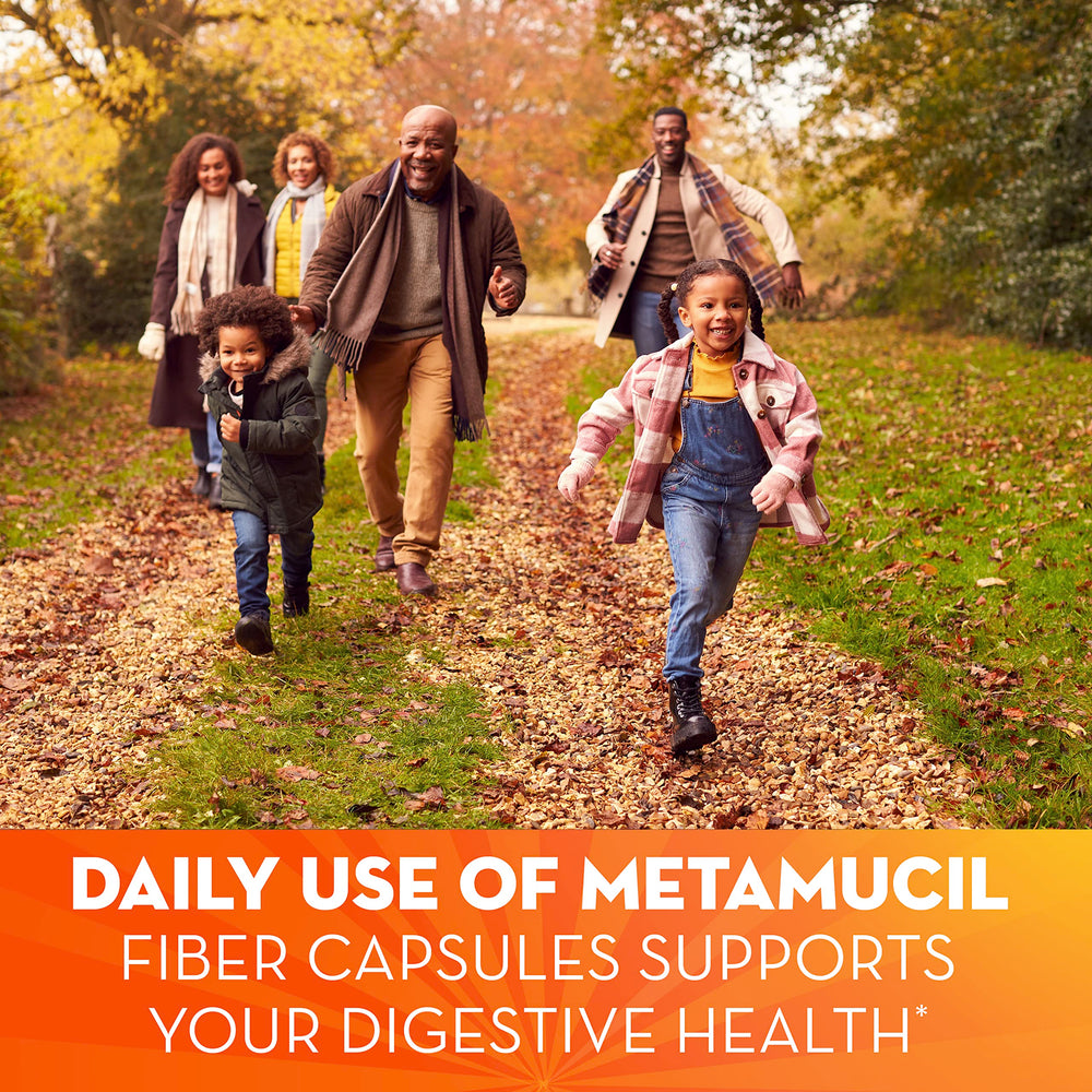 Metamucil capsules bottle label detail emphasizing psyllium husk fiber.