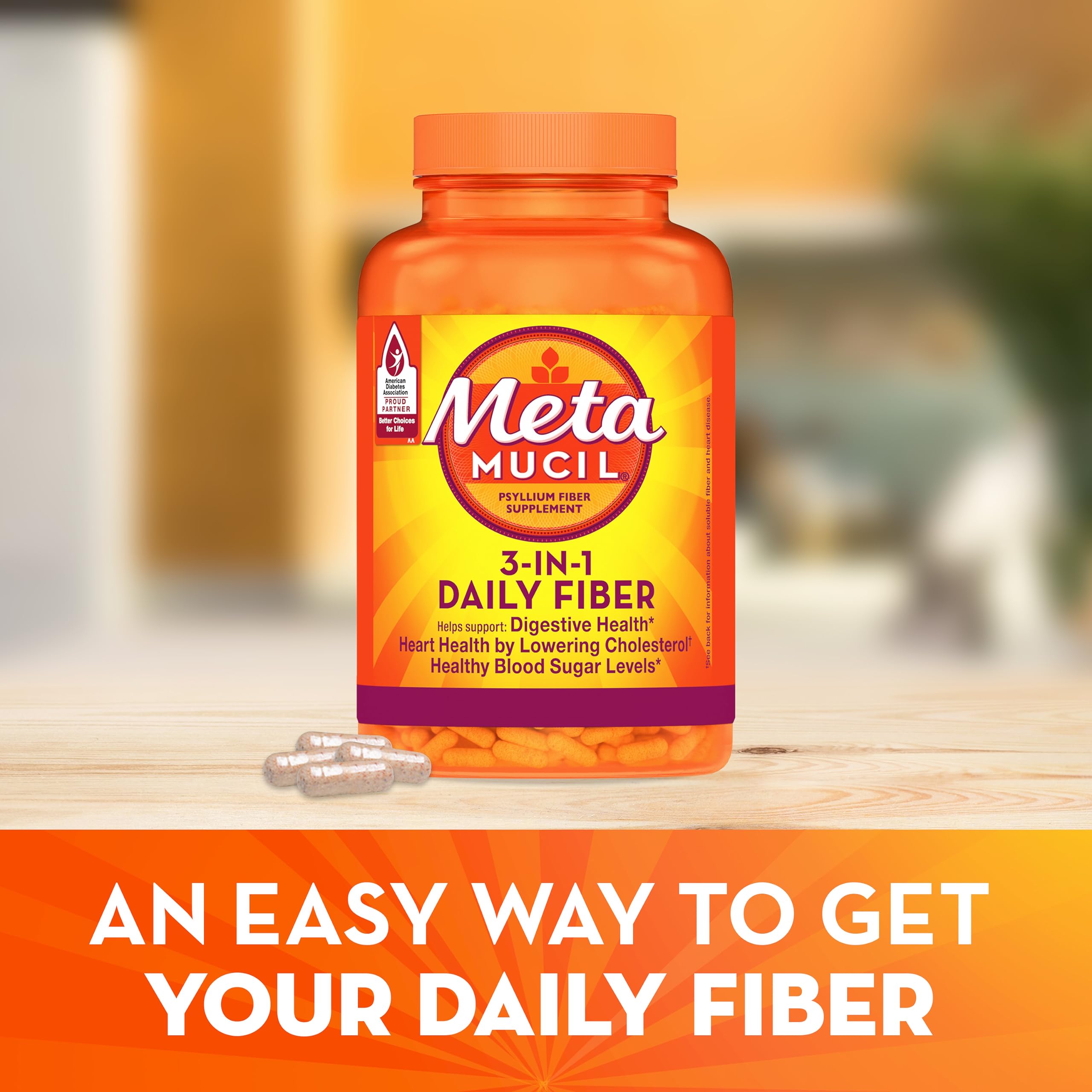 Metamucil capsules bottle top view showing easy daily routine.