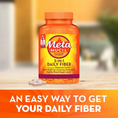 Metamucil capsules bottle top view showing easy daily routine.