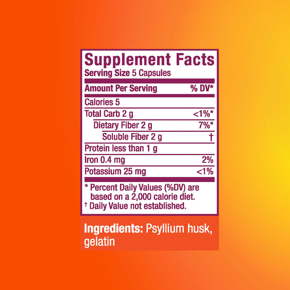 Metamucil capsules bottle with glass, suggesting everyday digestive wellness.