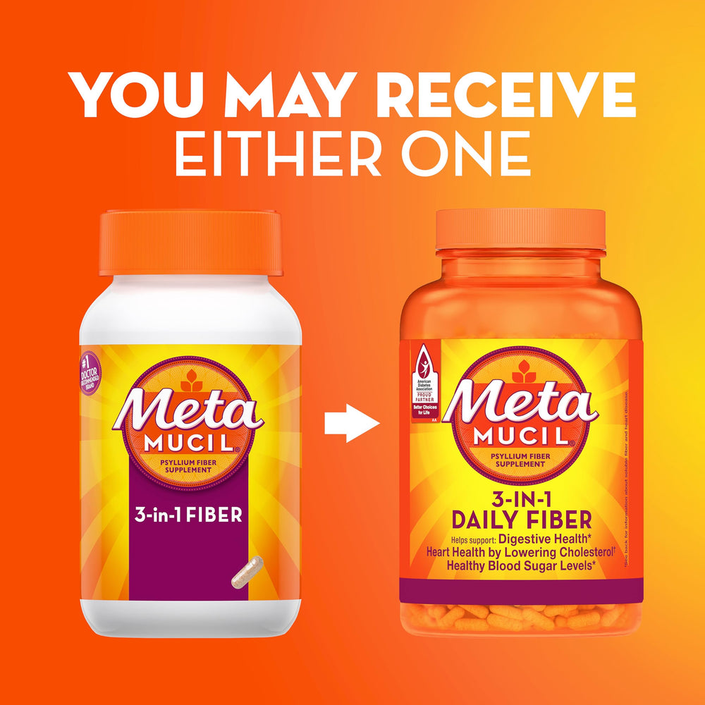 Metamucil capsules stack in a cabinet for portable use.