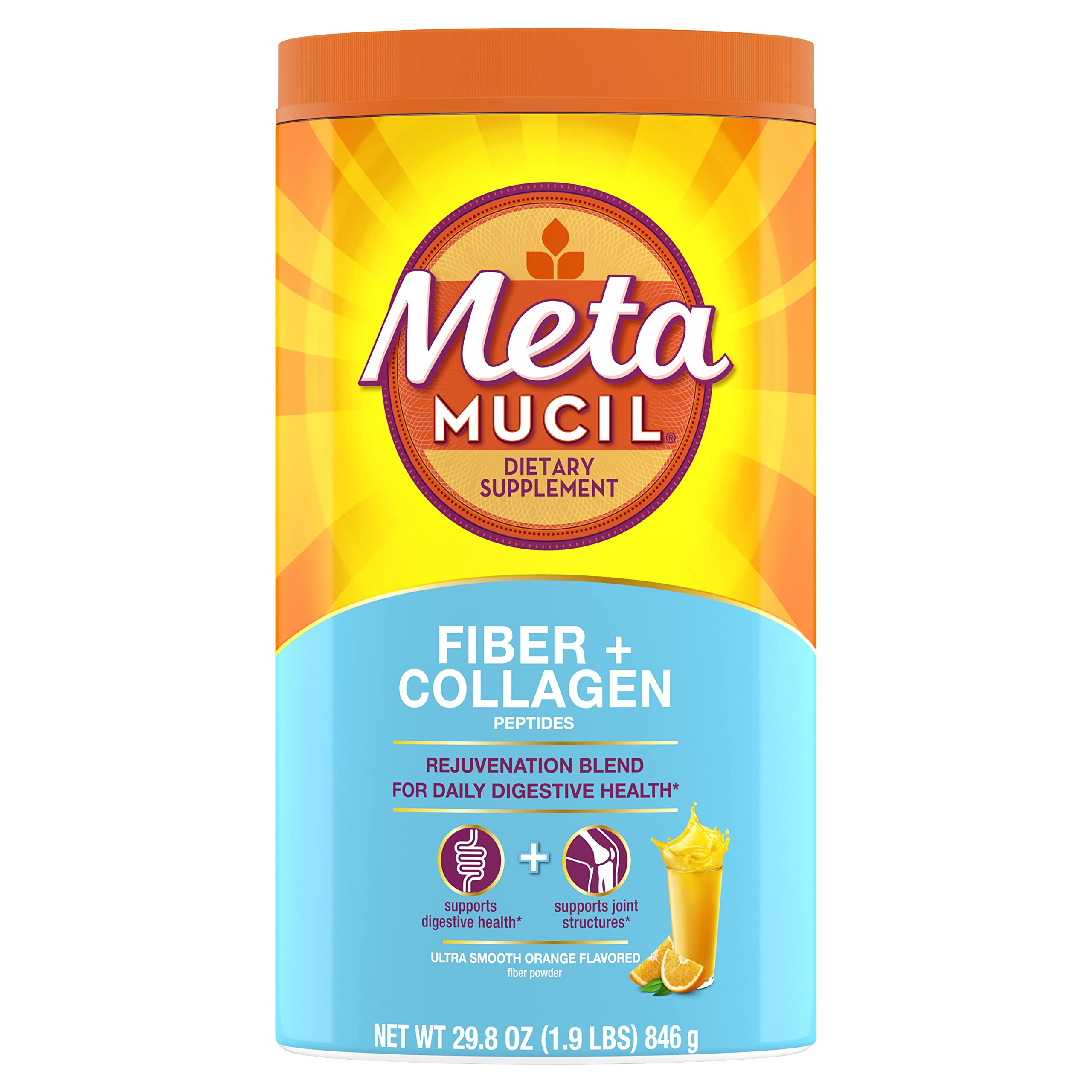 Metamucil Daily Fiber + Collagen orange powder with scoop, suggesting digestive support in daily routine.