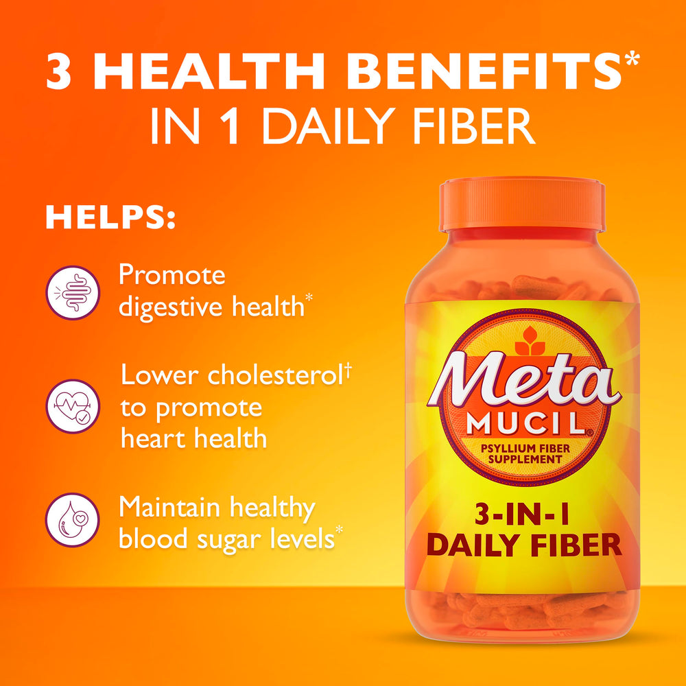 Metamucil daily-use capsules shown as part of a simple fiber routine.