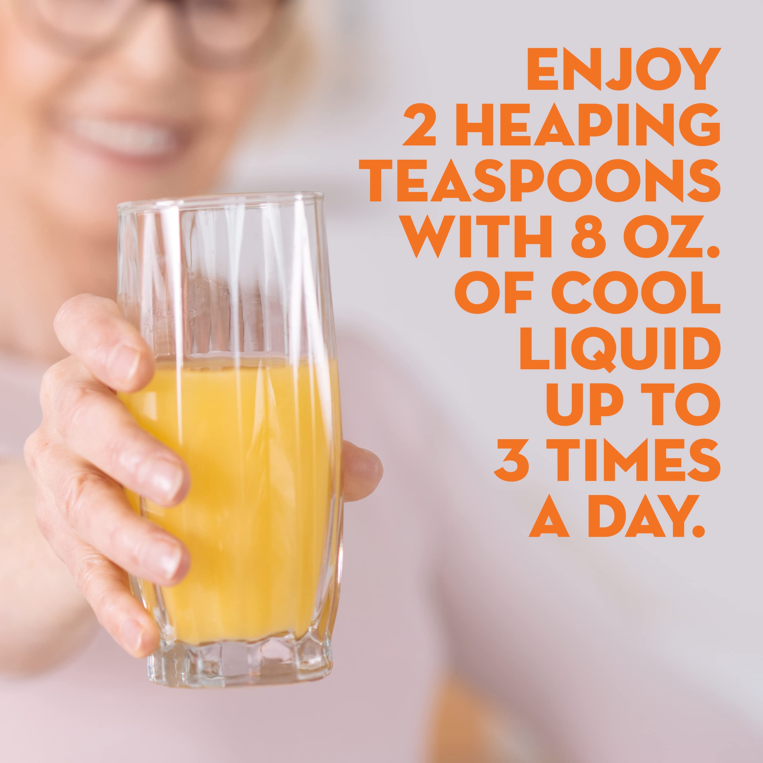 Metamucil dissolved orange flavor drink swirl in glass, highlighting refreshing flavor and daily routine.
