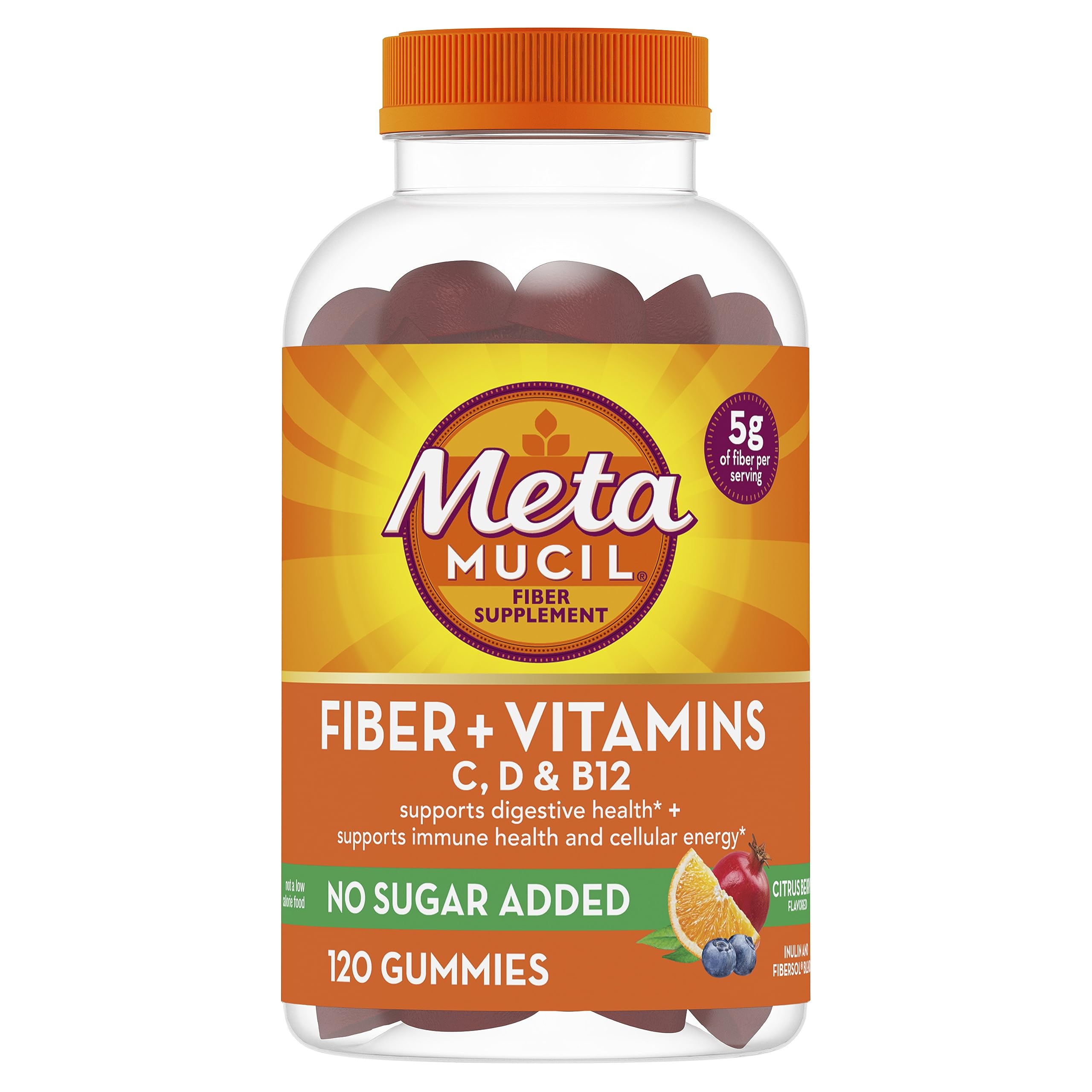 Metamucil fiber gummies bottle closeup with citrus berry flavor and sugar-free formula.
