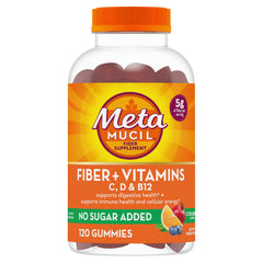 Metamucil fiber gummies bottle closeup with citrus berry flavor and sugar-free formula.