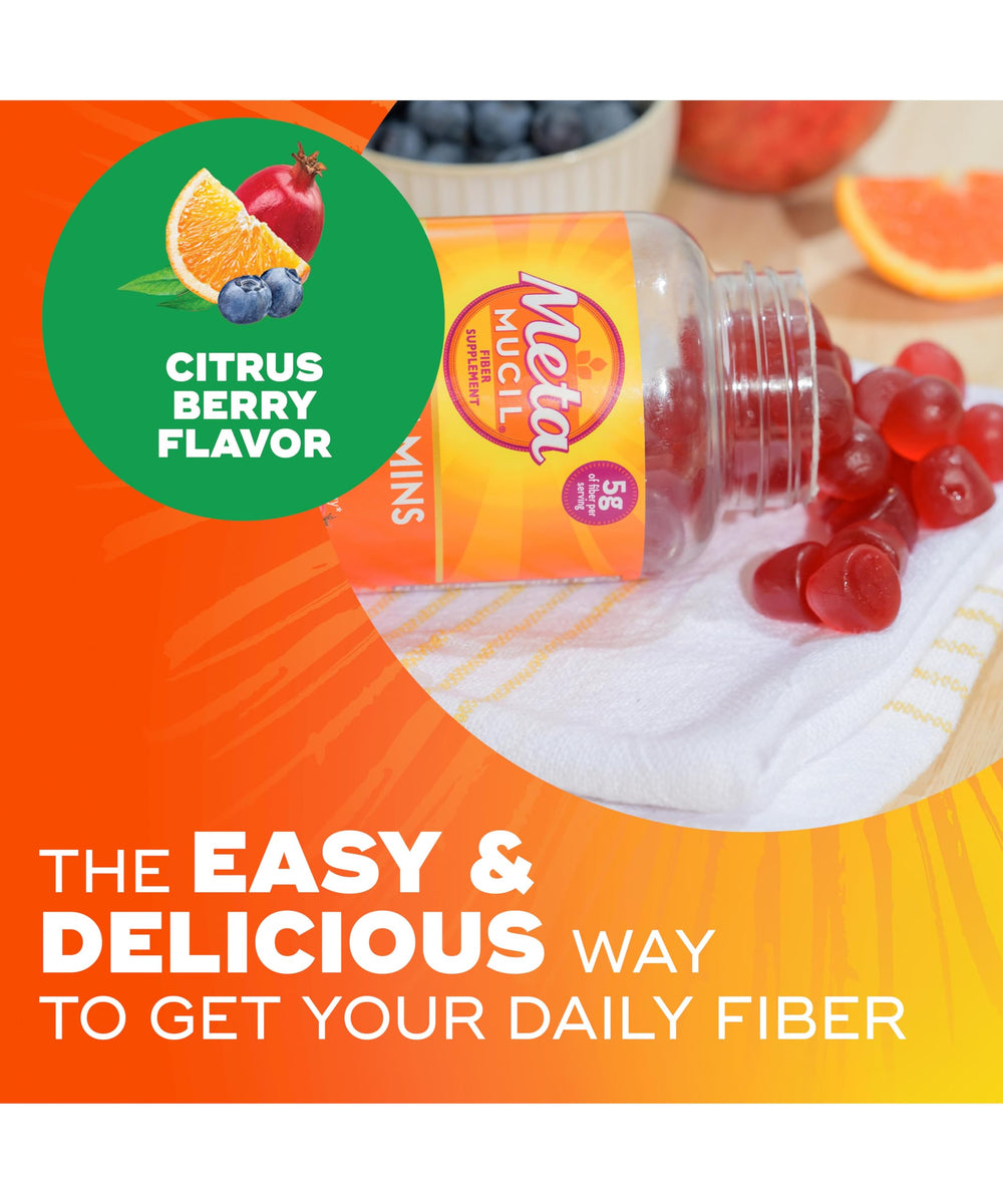 Front-pack display shows no added sugar badge on Metamucil gummies.