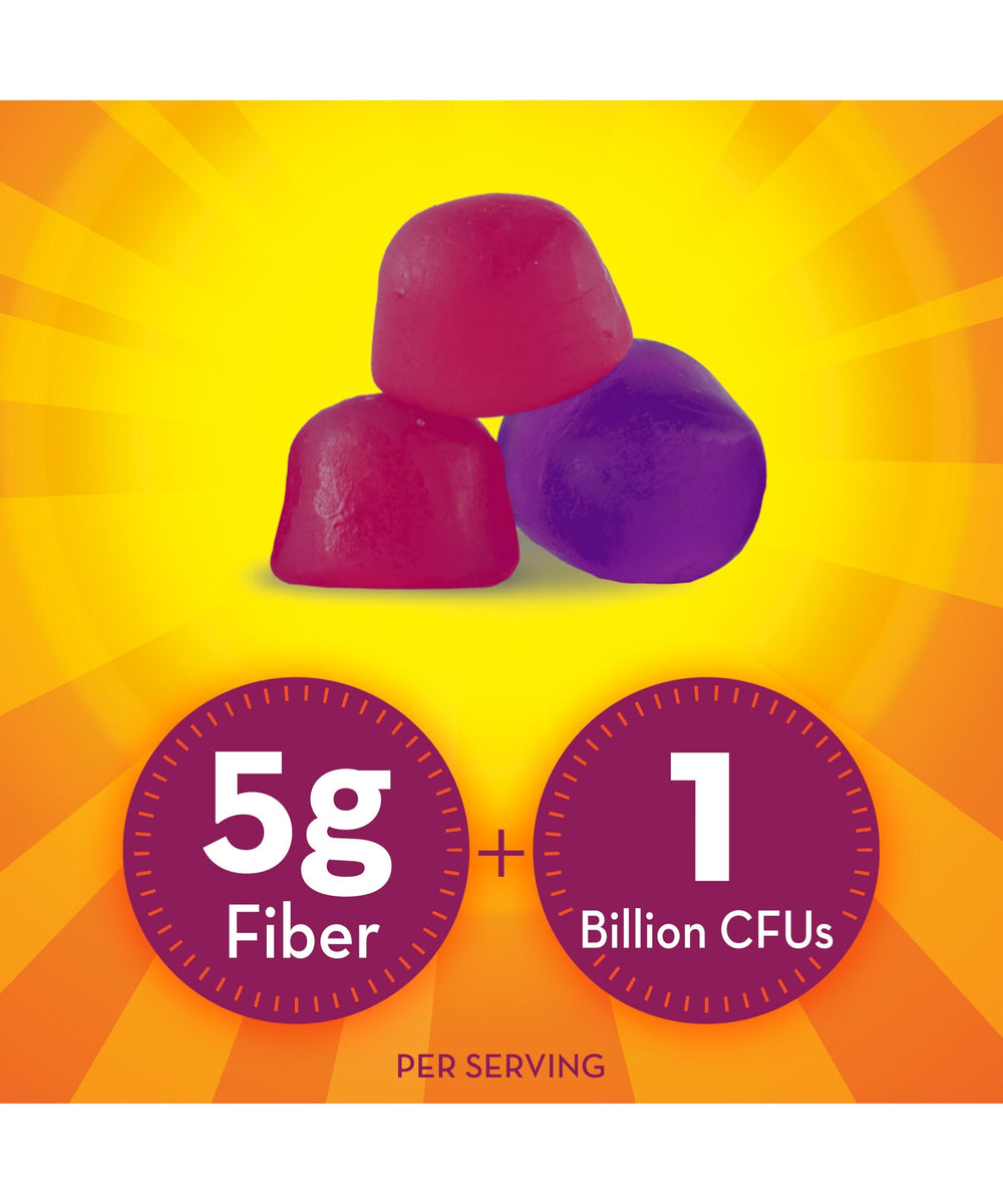 Metamucil Fiber Gummies probiotics label displays 1 billion CFUs per serving for gut balance.