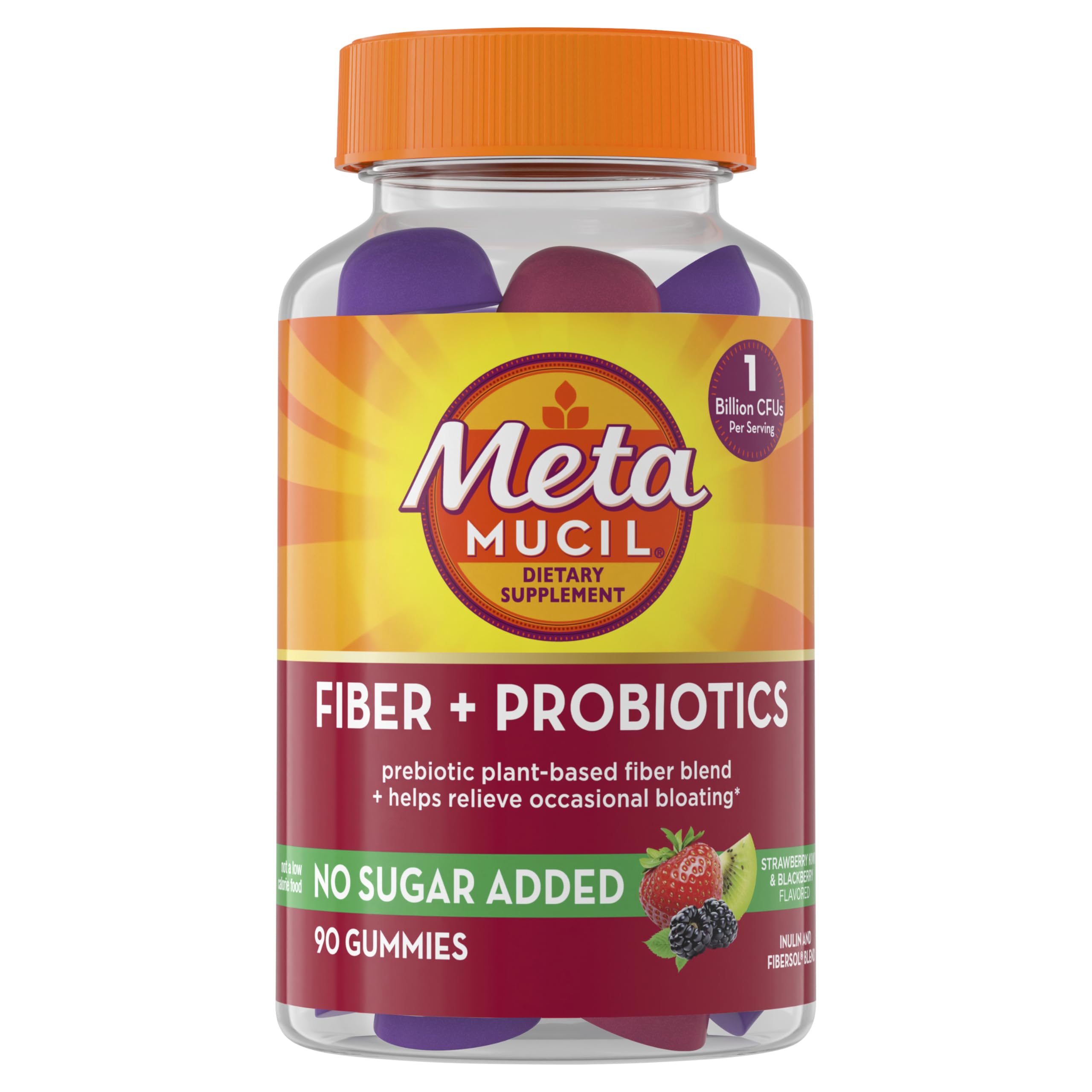 Metamucil Fiber Gummies strawberry kiwi bottle shows no sugar added and probiotic benefits.