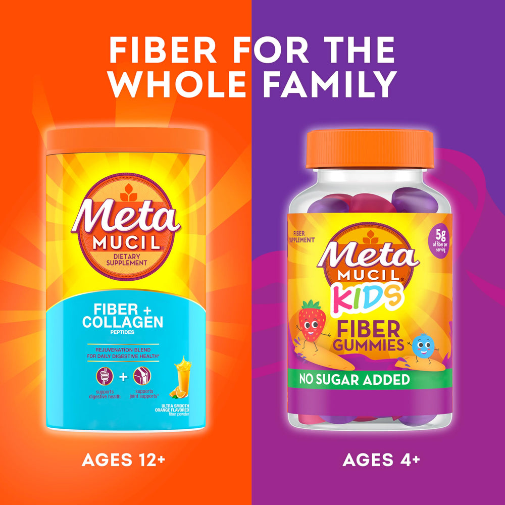 Metamucil fiber husk powder pouring into a glass, suggesting easy daily mix and potential digestive regularity.