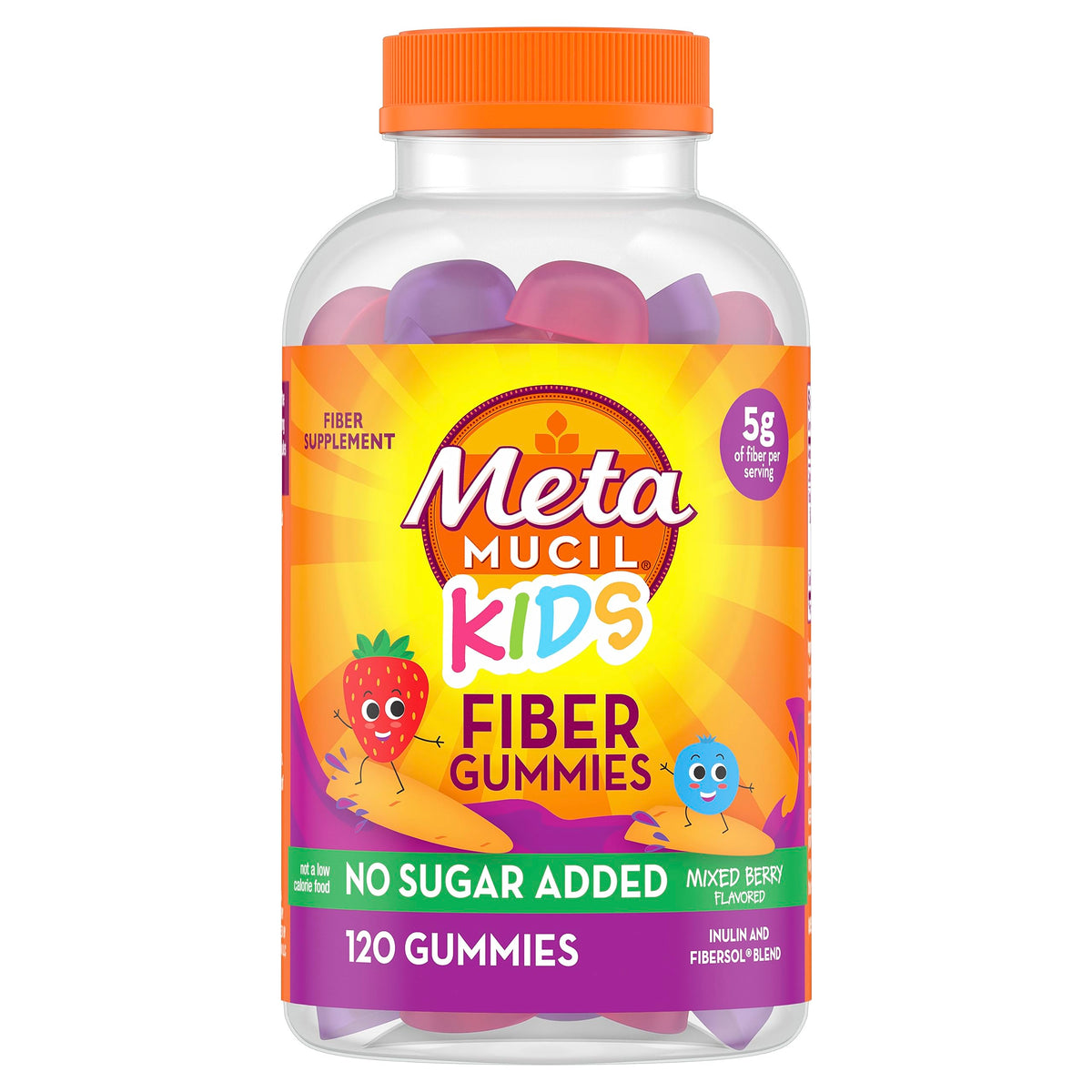 Metamucil Kids Fiber Gummies mixed berry bottle with kid-friendly fiber boost.