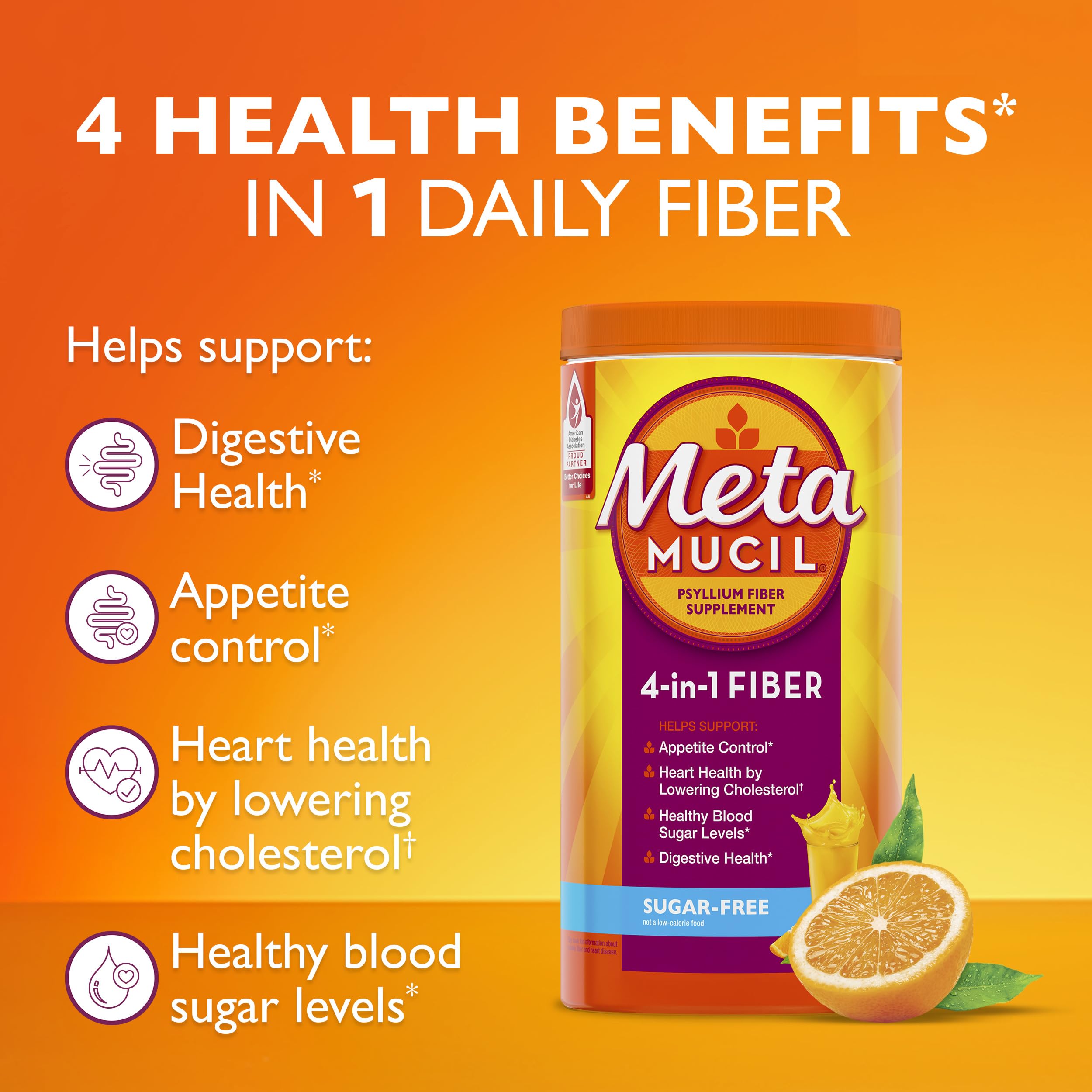 Metamucil orange flavor powder for easy, sugar-free fiber addition