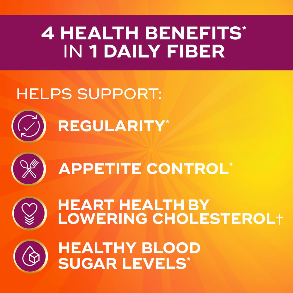 Metamucil orange flavored powder being poured to boost daily fiber intake