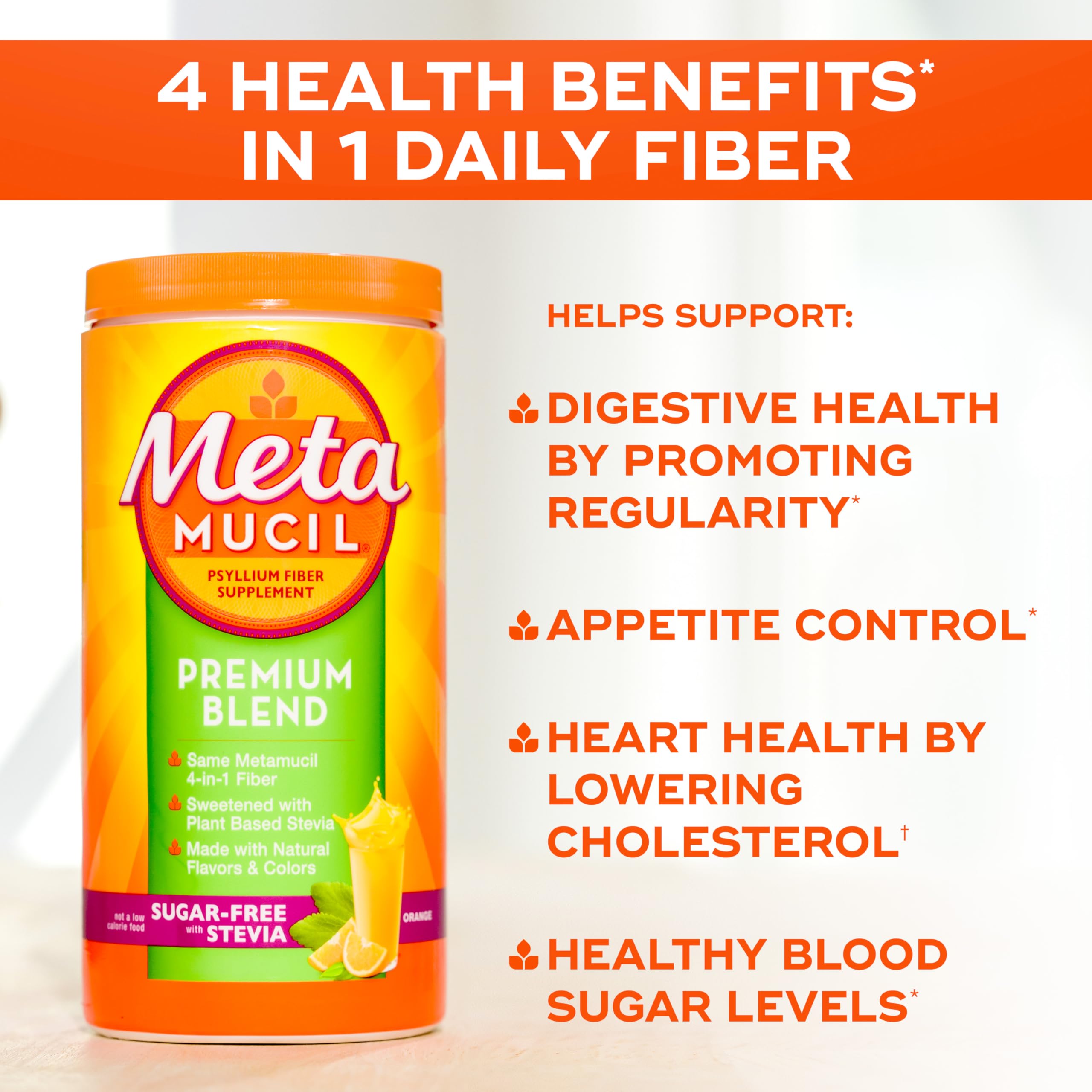 Metamucil Premium Blend bottle pour demonstrates easy daily use for digestive health