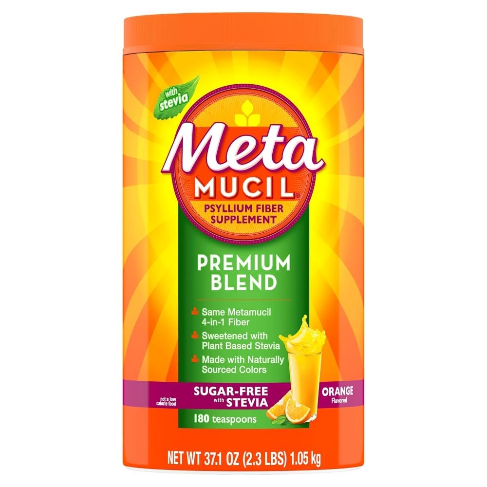 Metamucil Premium Blend orange powder tub shows daily fiber option for digestive comfort