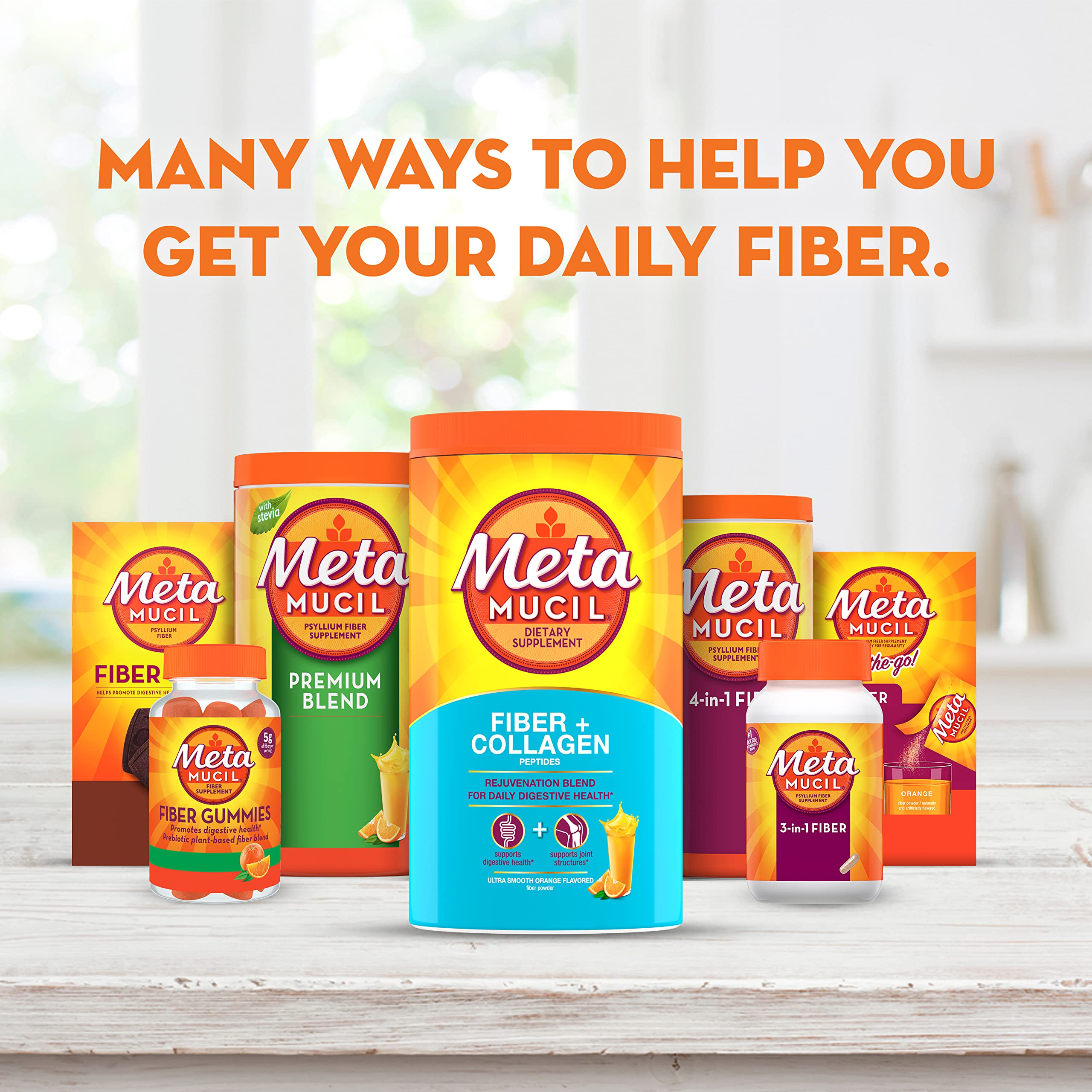 Metamucil rejuvenation blend packaging on display, suggesting a convenient daily addition.