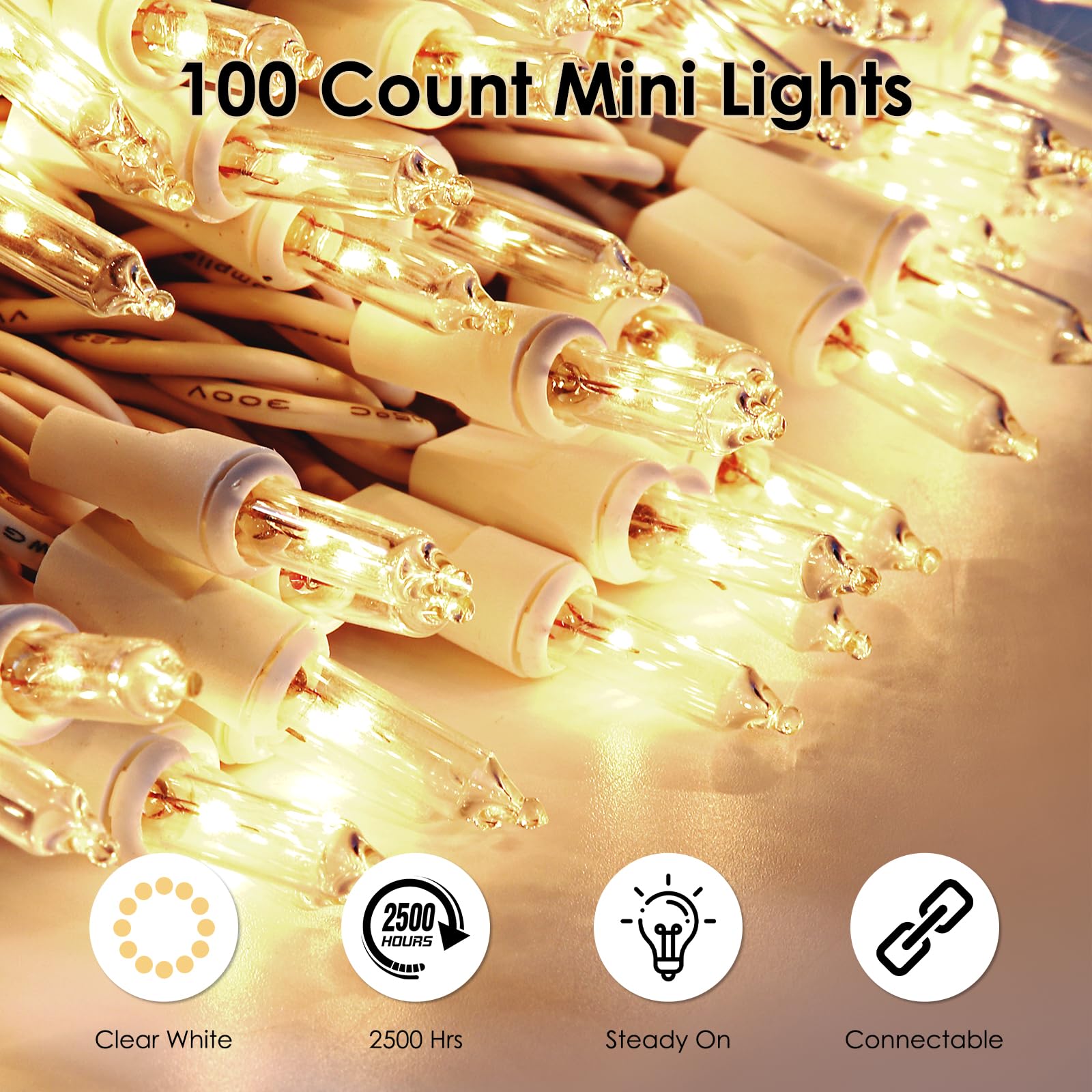 Meteds warm white bulbs on white wire with end-connector for easy expansion.