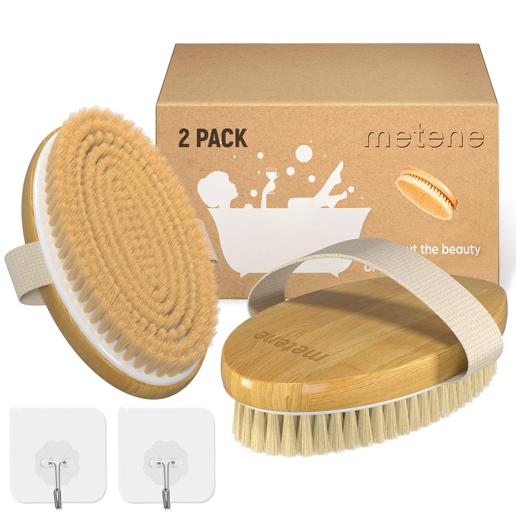 Metene two-pack shower brushes ready for travel or home use