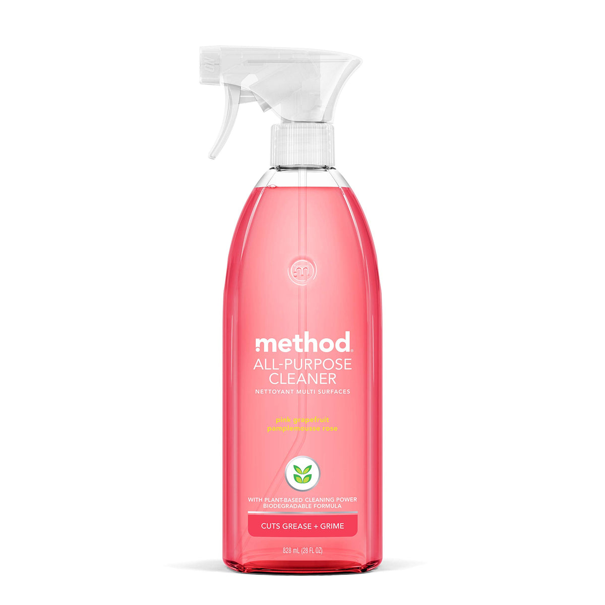 Method All-Purpose Cleaner Pink Grapefruit bottle pour showing quick stain lifting on counters.