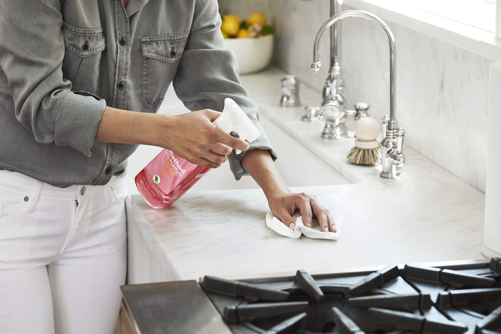 Method All-Purpose Cleaner Pink Grapefruit stone clean for bathroom surfaces.