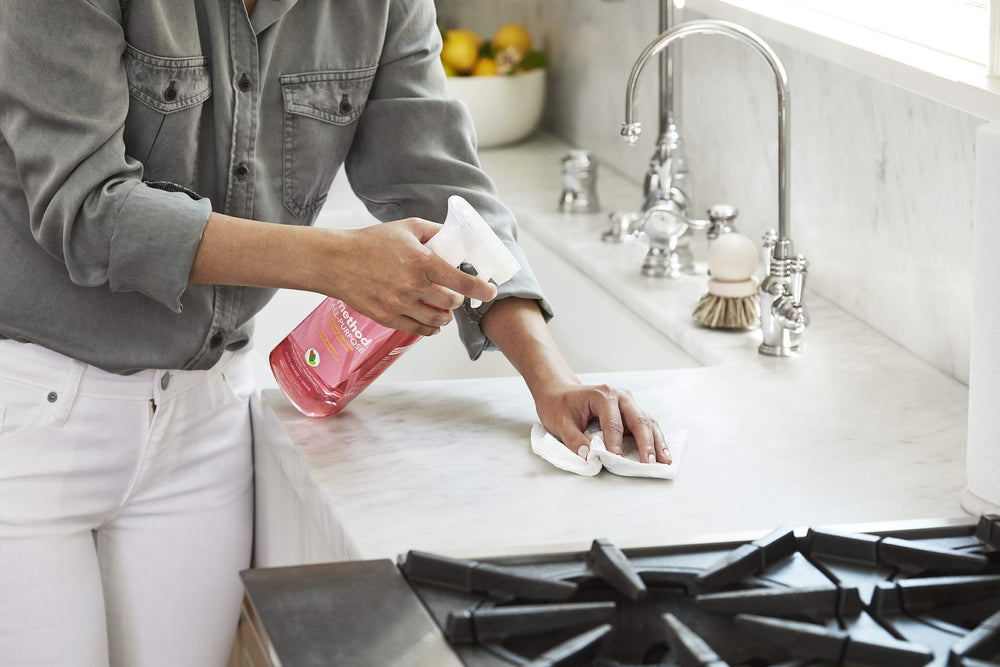 Method All-Purpose Cleaner Pink Grapefruit stone clean for bathroom surfaces.