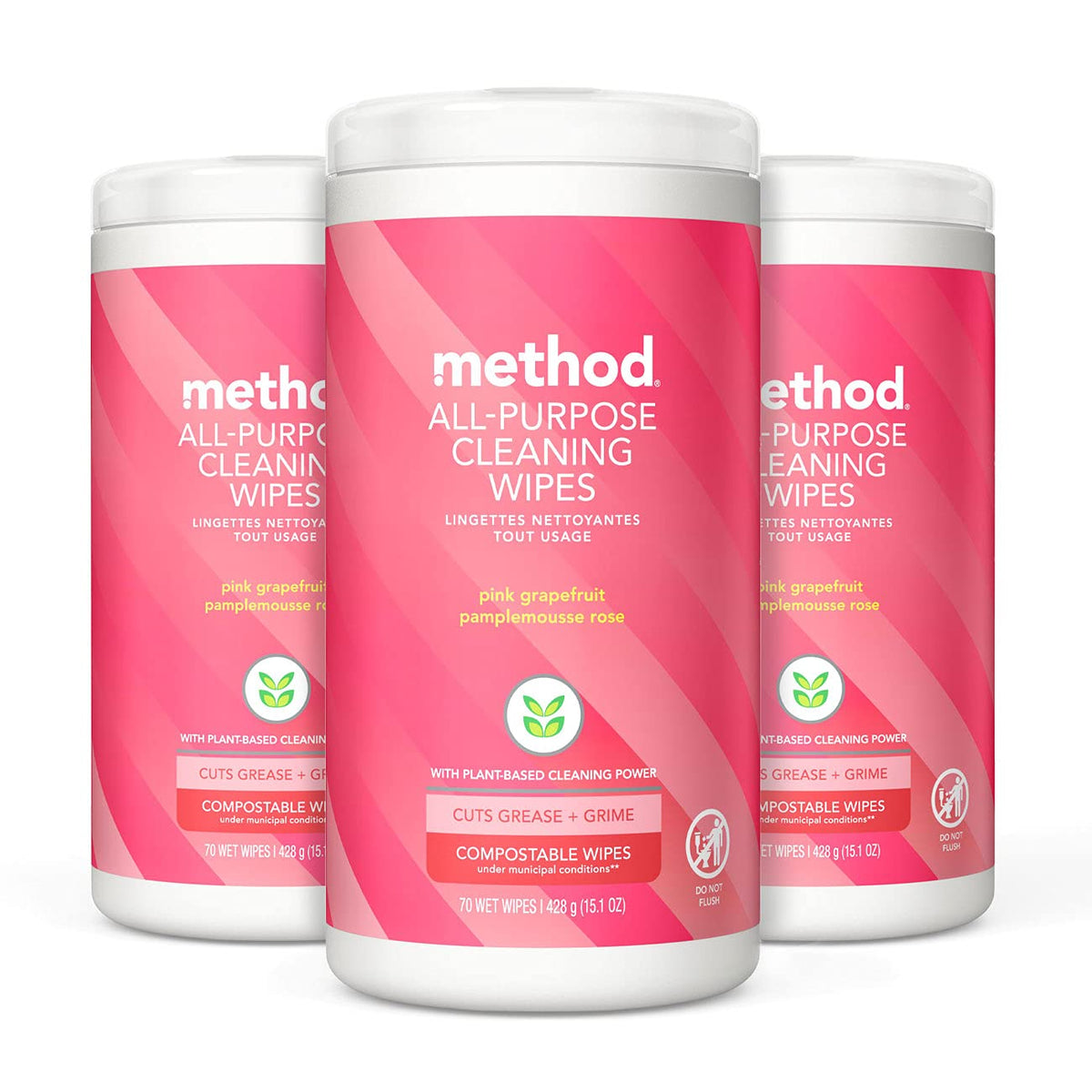 Method All-Purpose Wipes pink grapefruit canister for quick, fresh counter cleaning.
