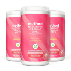Method All-Purpose Wipes pink grapefruit canister for quick, fresh counter cleaning.