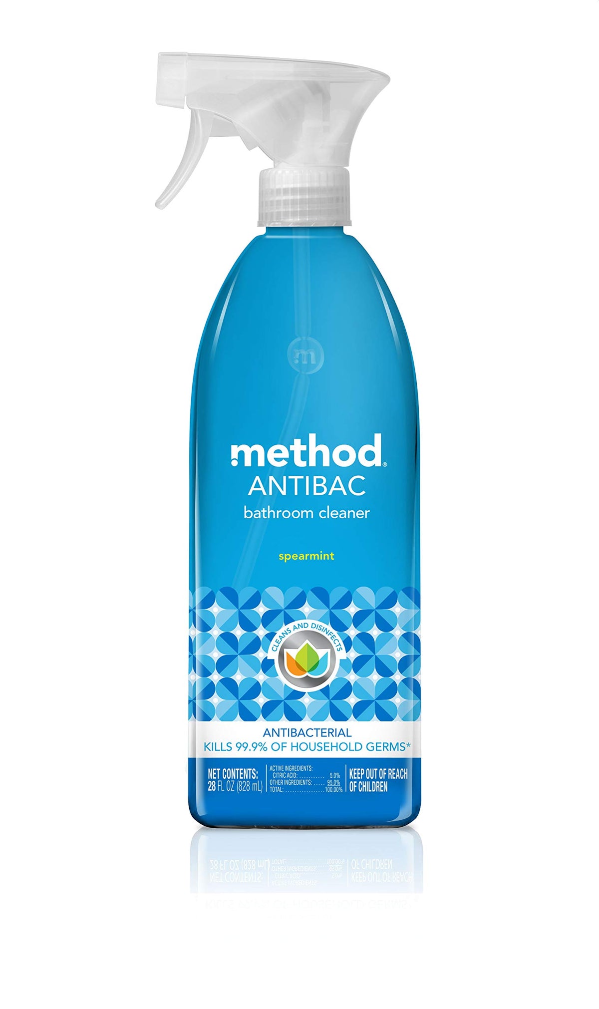 Method antibacterial bathroom cleaner spearmint bottle keeps surfaces clean and fresh.
