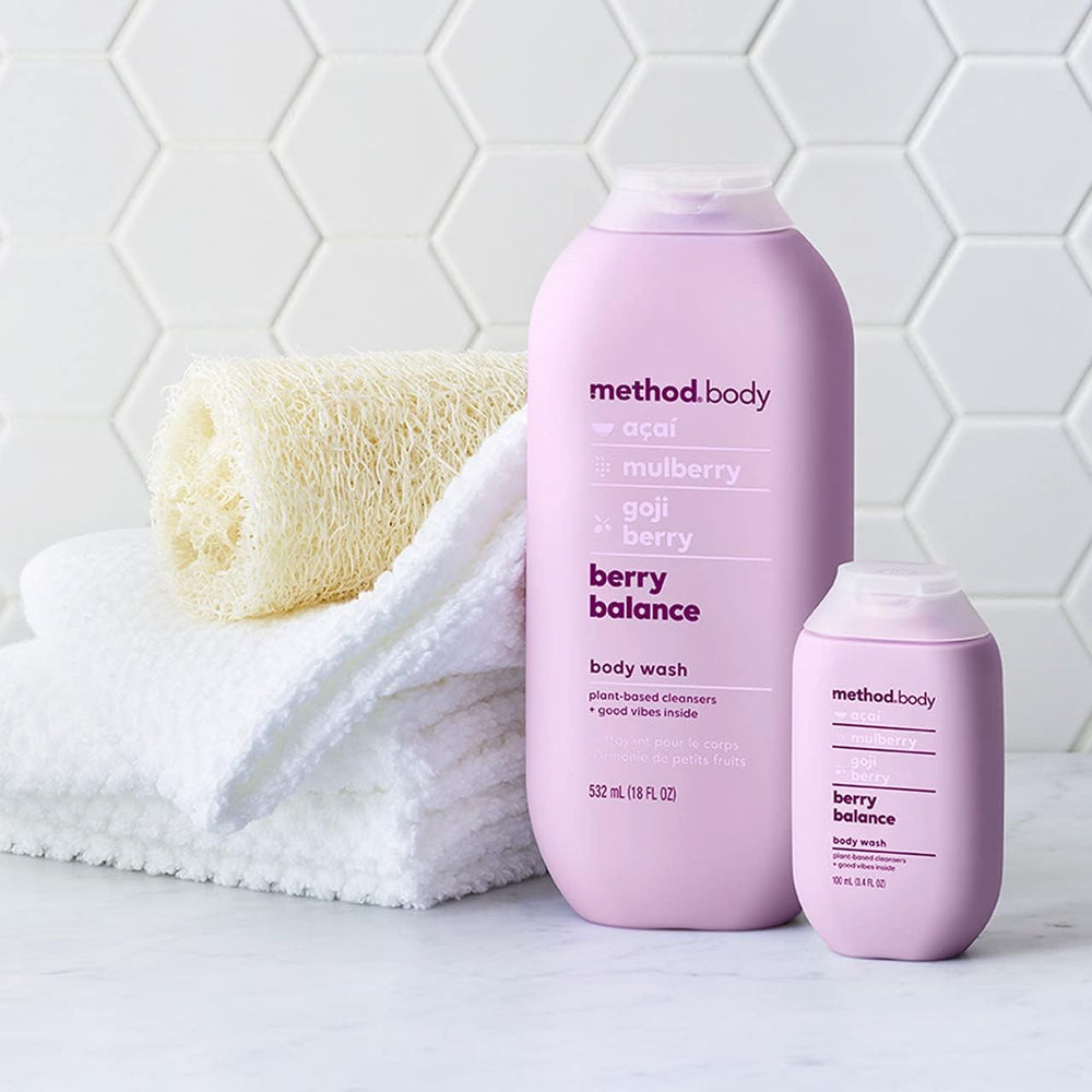Method Berry Balance bottle uses 65% recycled plastic, supporting sustainable packaging.