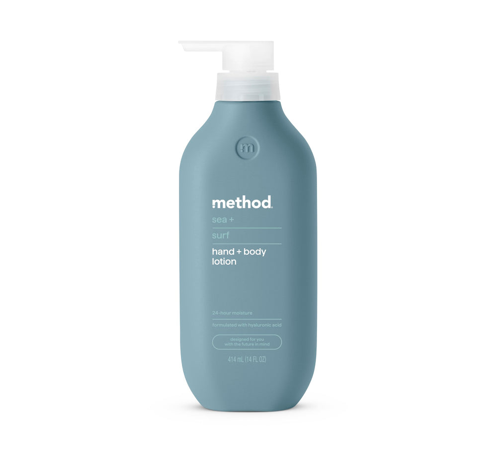 Method Sea + Surf Body Lotion bottle front showing 14 oz of all-day hydration.