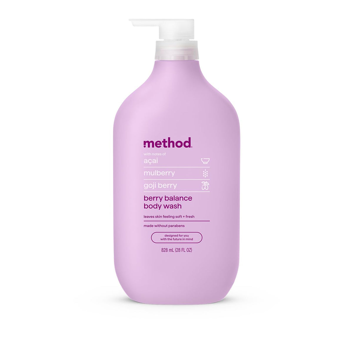 Method Berry Balance body wash bottle pour releasing berry aroma for a refreshing shower
