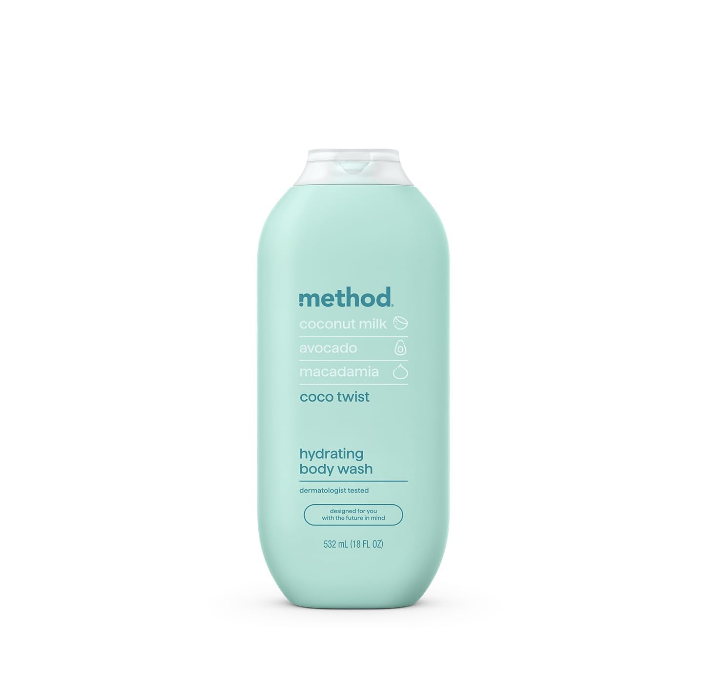Method Coco Twist bottle label shows coconut milk blend for refreshing shower hydration