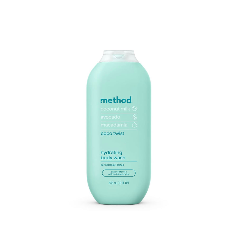 Method Coco Twist bottle label shows coconut milk blend for refreshing shower hydration