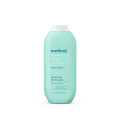 Method Coco Twist bottle label shows coconut milk blend for refreshing shower hydration