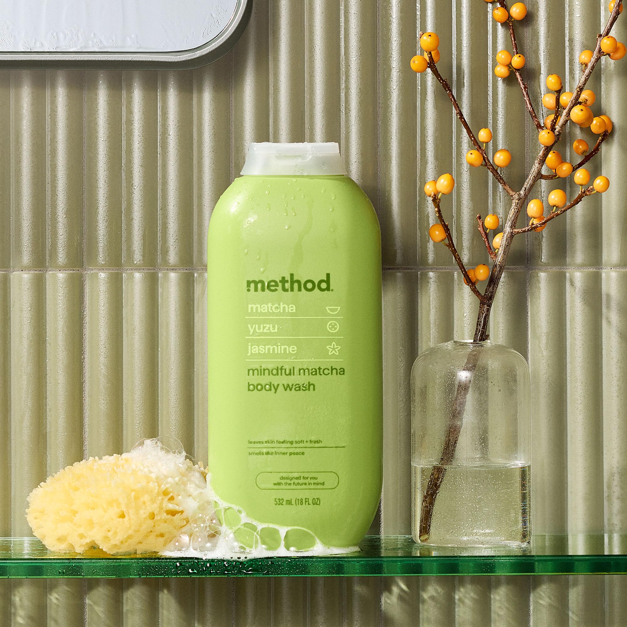 Method Body Wash packaging detail shows 80% PCR plastic content.