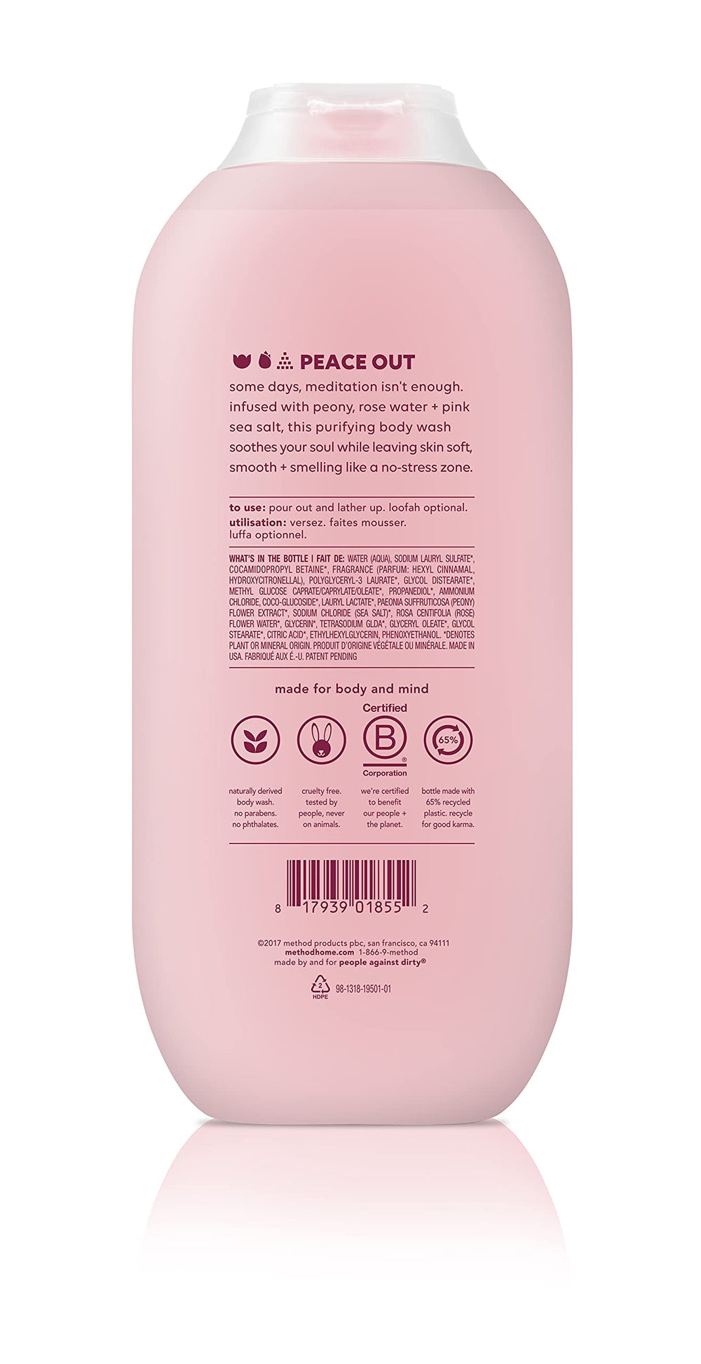 Method Pure Peace bottle side highlighting recyclable materials and responsible design