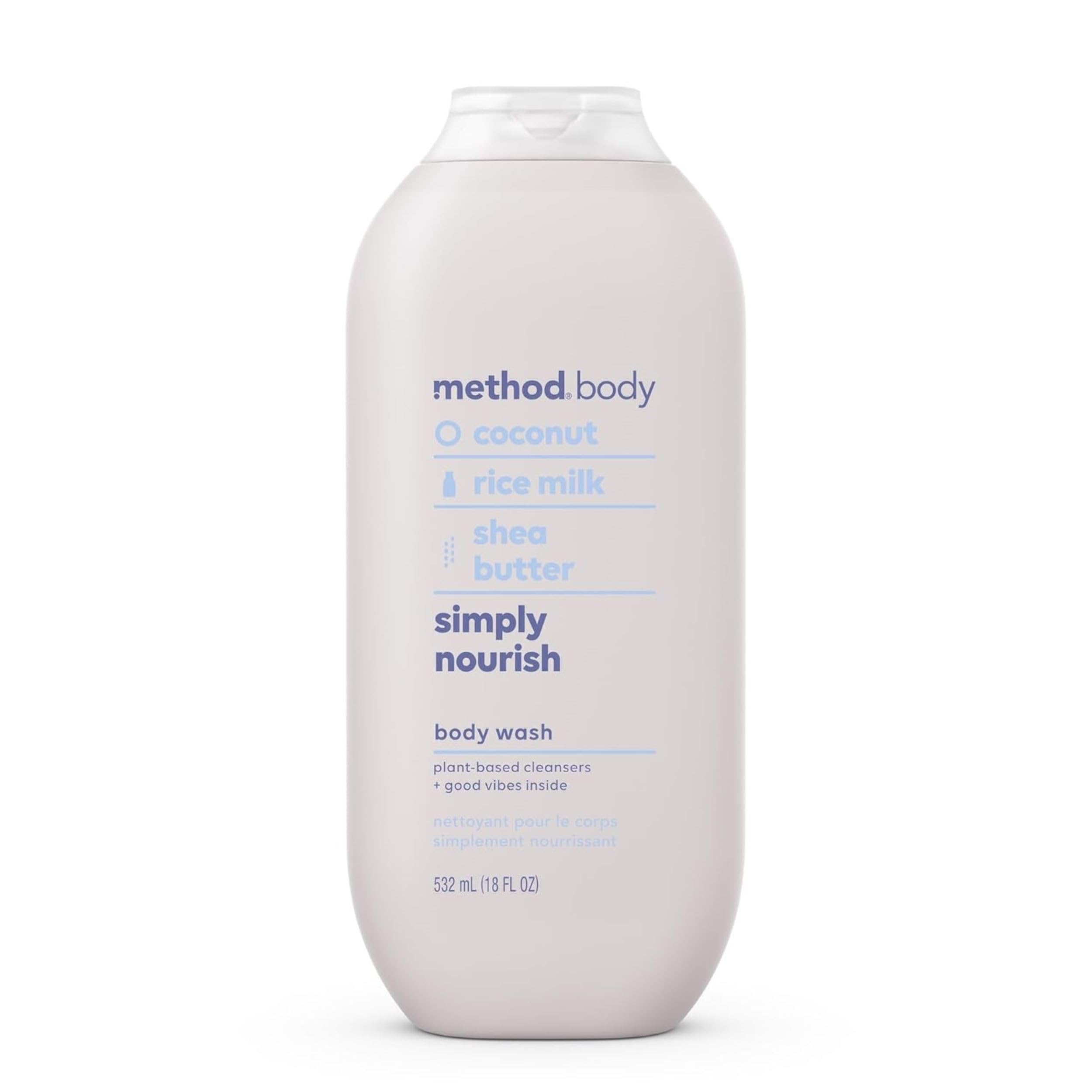 Method Simply Nourish bottle highlights PCR plastic packaging for eco-friendly daily cleansing.