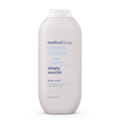 Method Simply Nourish bottle highlights PCR plastic packaging for eco-friendly daily cleansing.