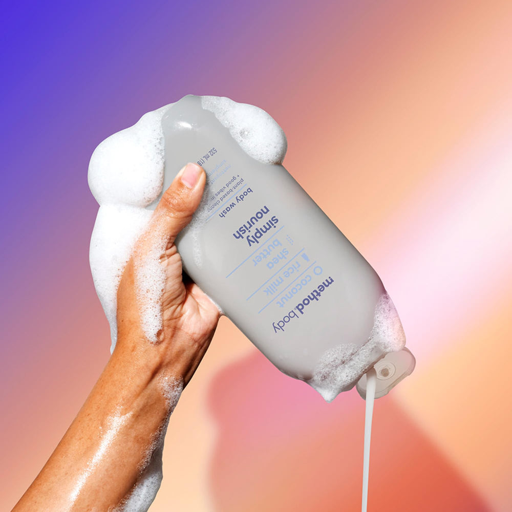 Method Simply Nourish 65% PCR bottle shot emphasizes sustainable packaging option.