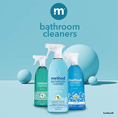 Method cleaner removes soap scum on chrome fixtures and bathroom surfaces.