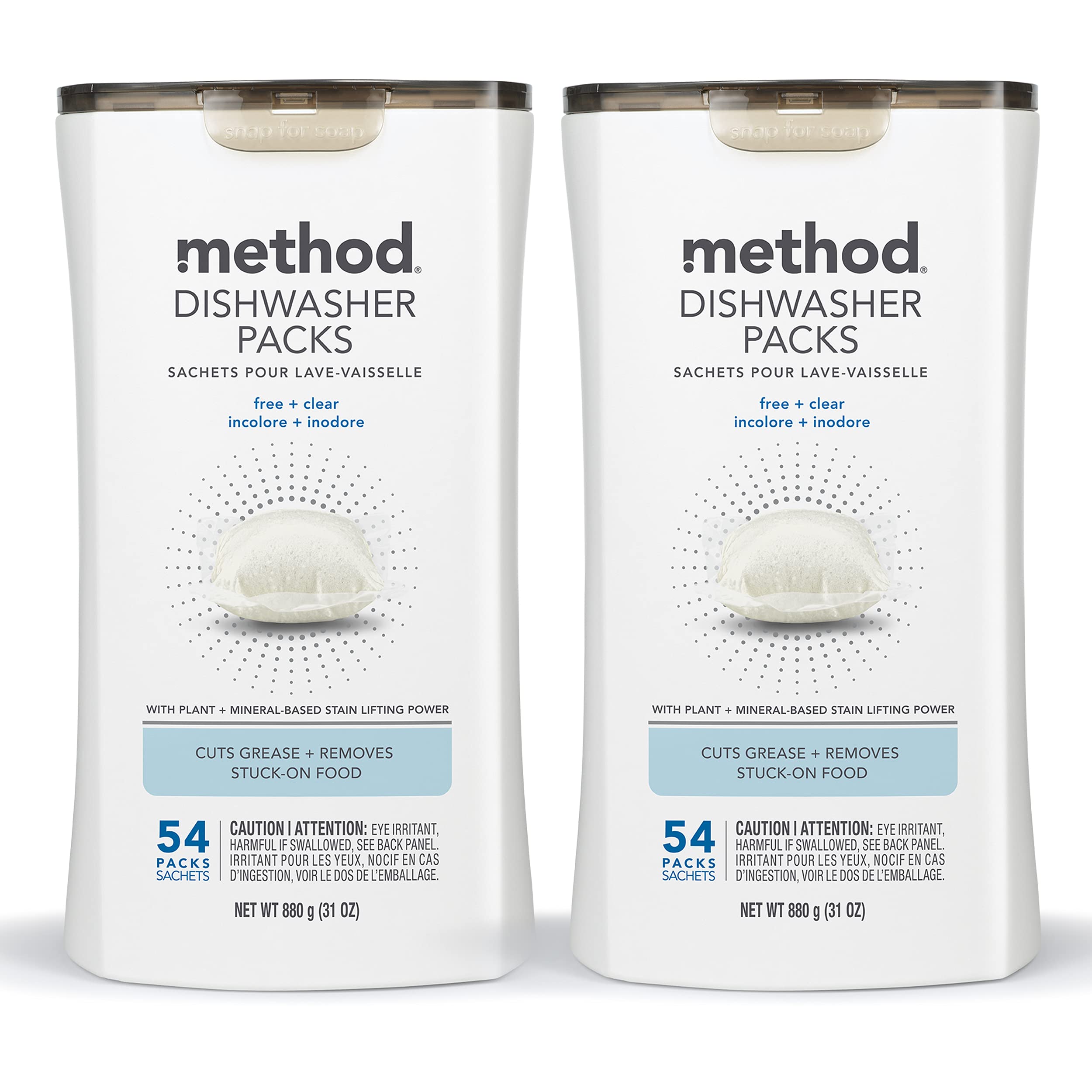 Method dishwasher packs fragrance-free tub showing resealable packaging for easy storage and use