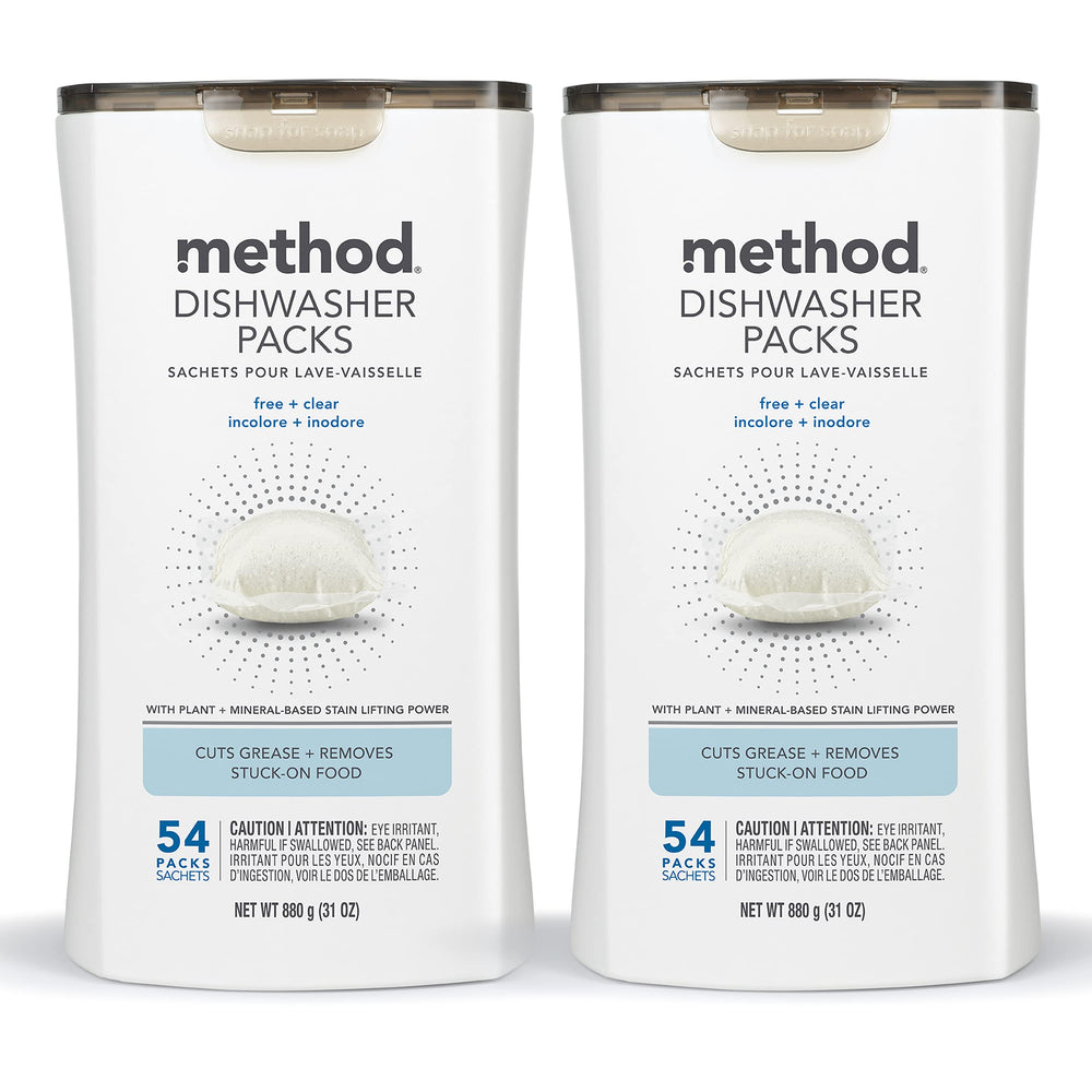 Method dishwasher packs fragrance-free tub showing resealable packaging for easy storage and use