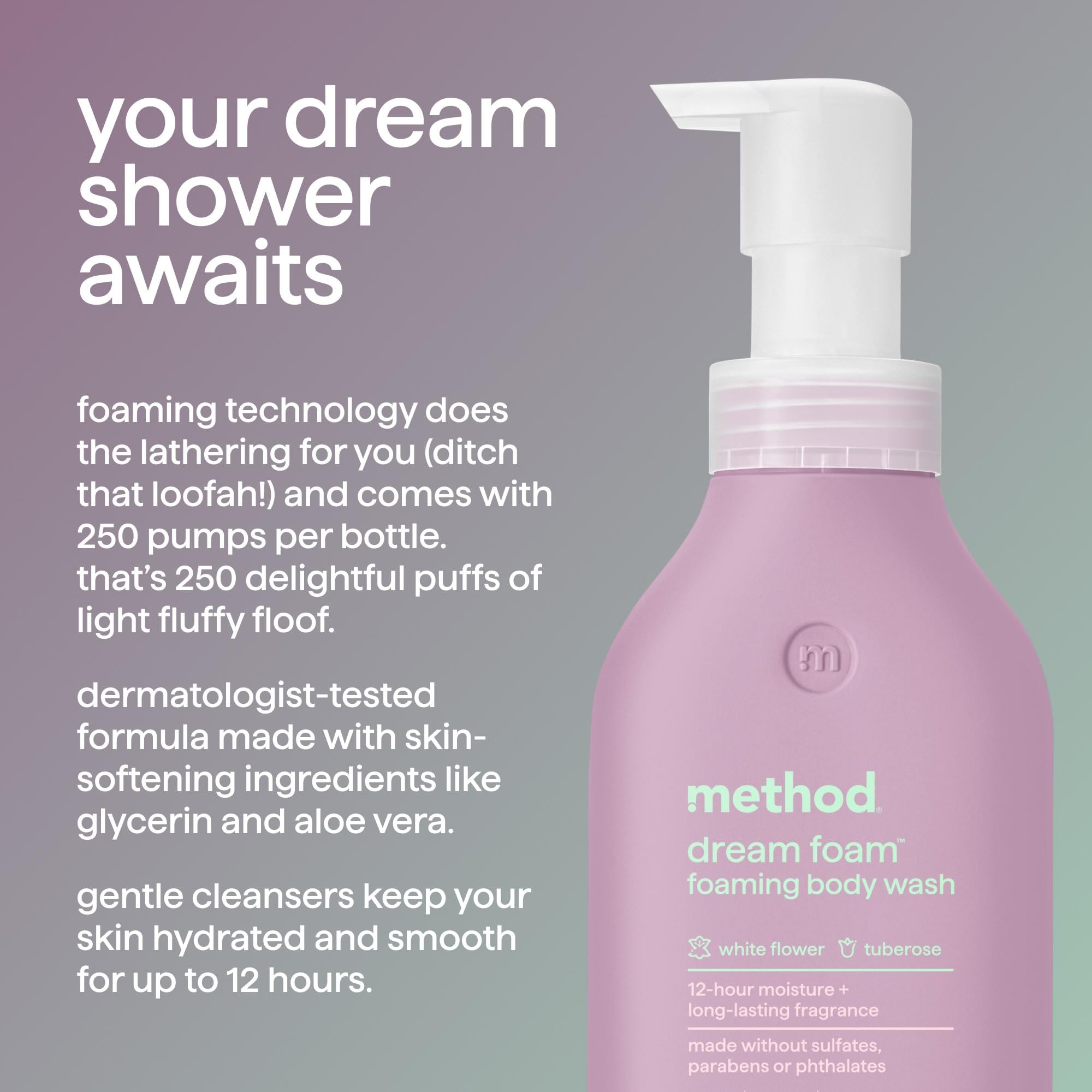 Method Dream Foam foamy-lather close-up highlights airy, fluffy cleansing texture.