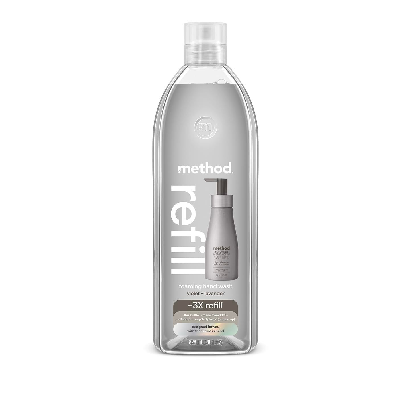 Method foaming hand soap refill bottle front view with violet lavender scent and eco-friendly packaging.