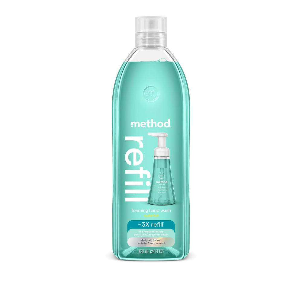 Method Waterfall refill tub delivering hydrating foam for daily hand washing.