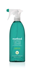 Method Foaming Tub and Tile Cleaner bottle with eucalyptus mint cleans stains.